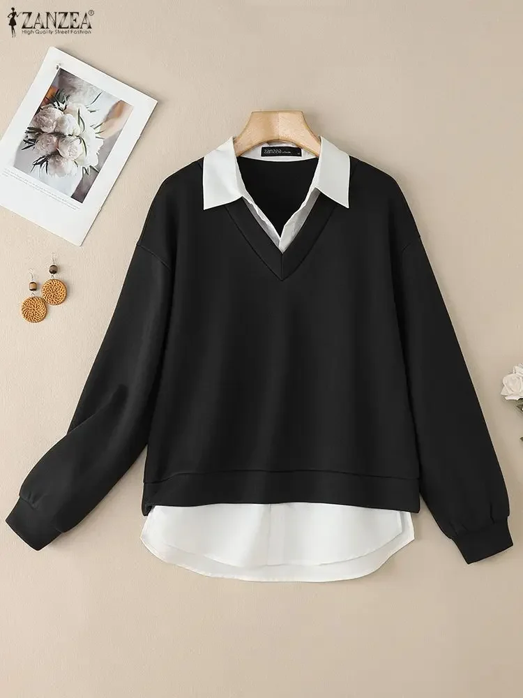 ZANZEA 2025 Jesienna Bluza Damska Imitacja Dwuczęściowej Bluzy Pulower Casualowe Bluzy z Długim Rękawem i Kapturem do Pracy Biurowej z Elementami Patchworkowymi
