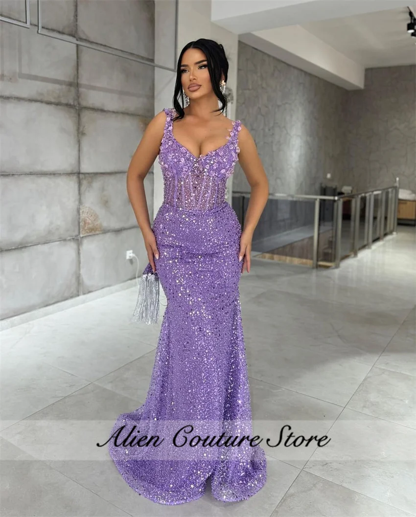 Elegant Purple Mermaid Evening Dresses Woman Luxury Bead Crystal Sequins Formal Birthday Prom Dress Women Party Gown Customized 