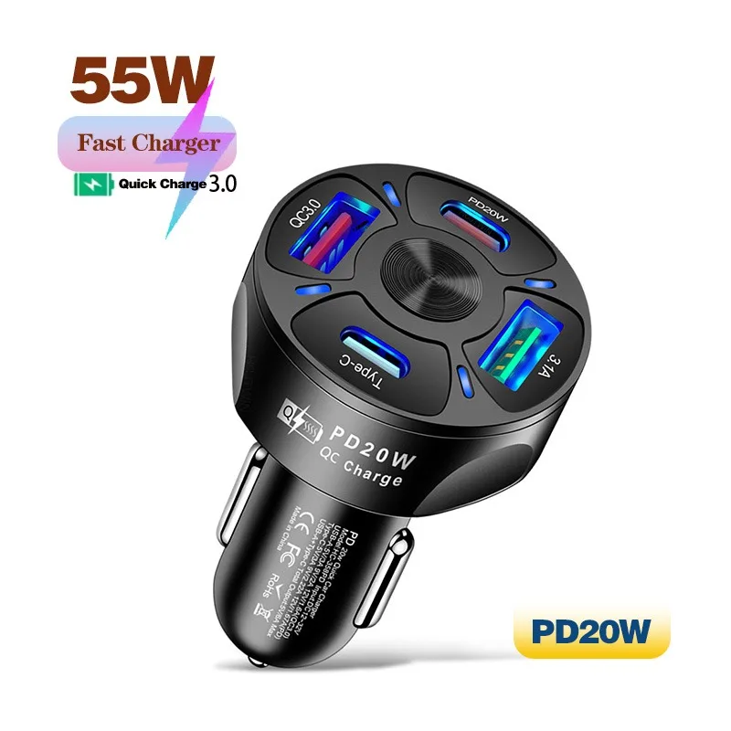55W 4 Port USB Car Chargers Type C Car Charger Fast Charging PD20W QC3.0 Phone Charger Car Cigarette Lighter Flash Charge