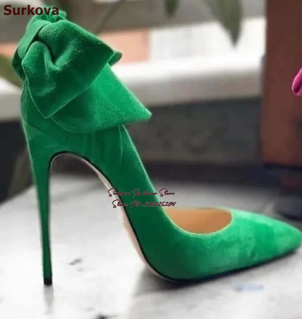 

Surkova Green Pink Suede Butterfly-know High Heel Shoes Sky High Pointed Toe Dress Pumps Bowtie Slip-on Shallow Heels