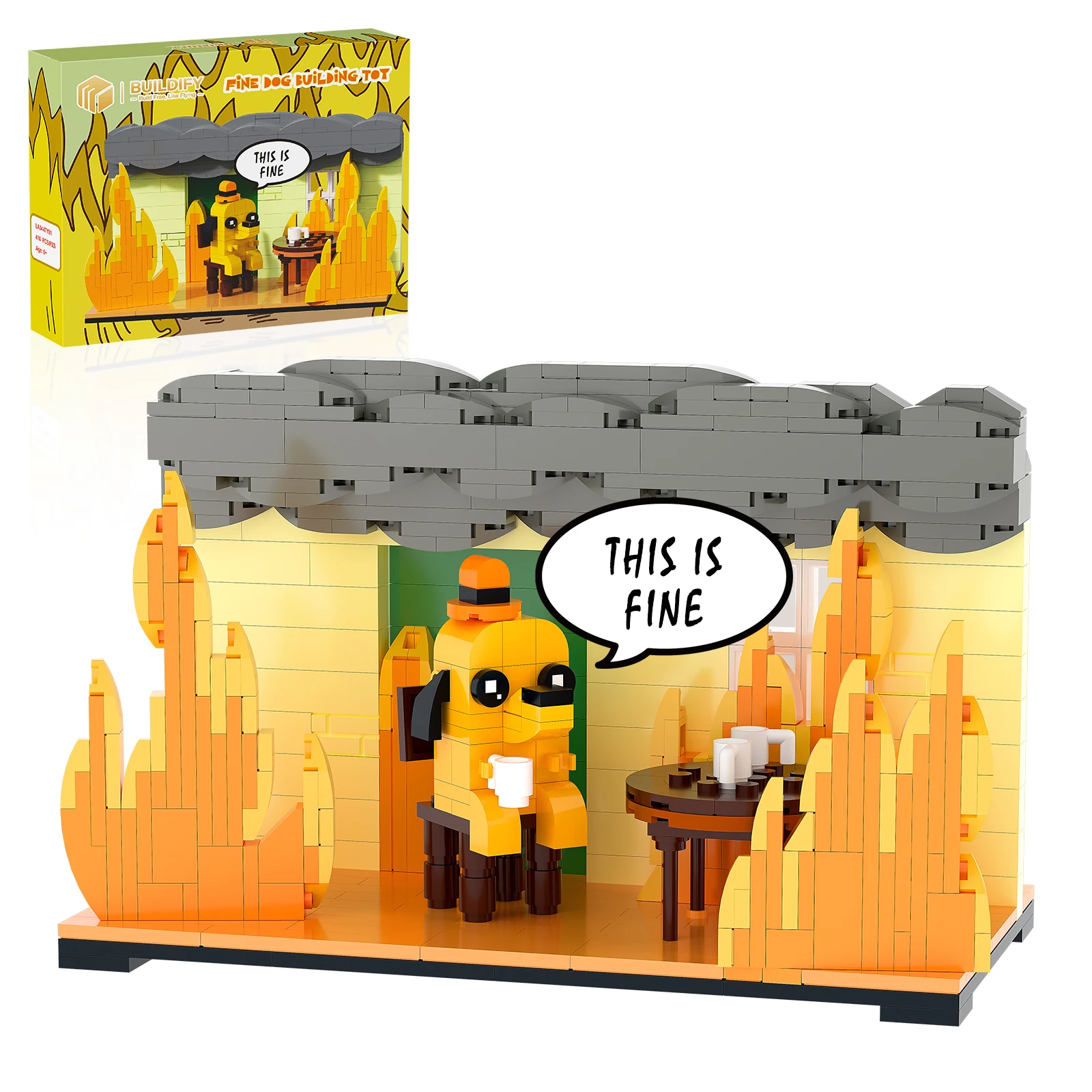 

This is Fine Dog Building Blocks Set, LEGO Compatible Funny Meme Model Kit, Fire Dog Desktop Decor Collectible, White Elephant & Birthday Gift for Adults & Kids, 402 Pcs