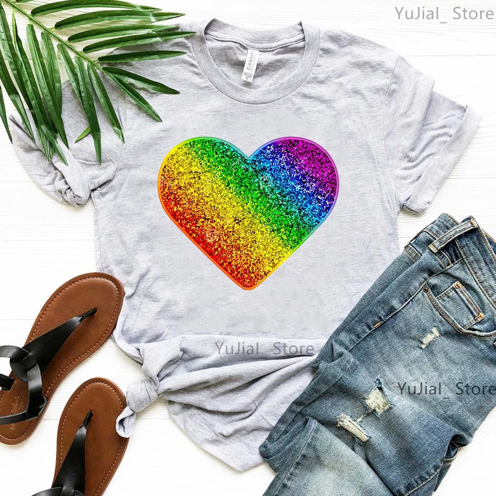 Rainbow Love Print T Shirt Women'S Clothing Summer Short Sleeve Pink Gray Tshirt Femme Harajuku Shirt Fashion T-Shirt Female