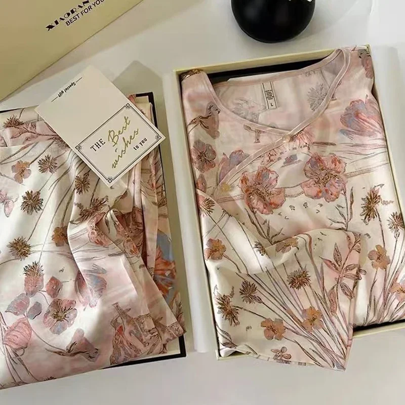

Женский пижамный комплект из 2 предметов, новая одежда для сна в китайском стиле с цветочным принтом, домашняя одежда, брючные костюмы с длинными рукавами, элегантная атласная домашняя одежда