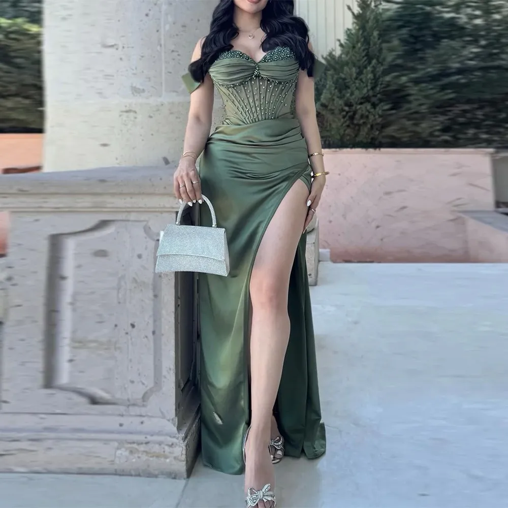 

Mermaid Simple Green Satin Evening Dress Customized Sweetheart Off the Shoulder Homecoming Dresses Temperament Prom Dress