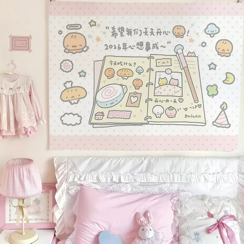 VIKAMA Cute Soft Cartoon Image Tapestry, Kawaii Girl Wall Hanging, Aesthetic Bedroom Dormitory Home Decoration