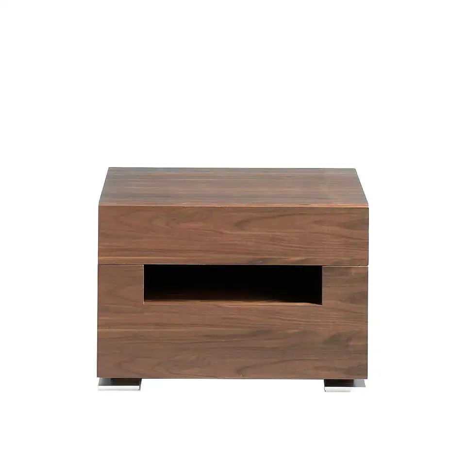 Bedside Table 7065 Angel Cerdá-bedside table made of walnut-plated Wood with two hidden drawers. Led lighting interior and central hollow illuminated.