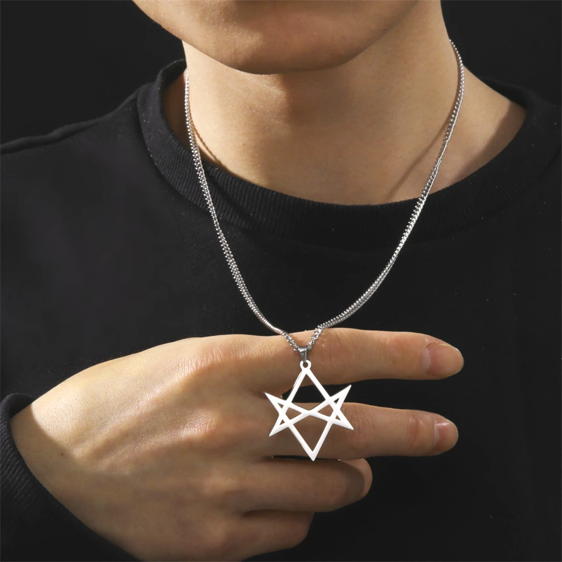 EUEAVAN Vintage Thelema Symbol Pendant Necklace For Men Women Stainless Steel Classic Hexagram Religion Amulet Jewelry