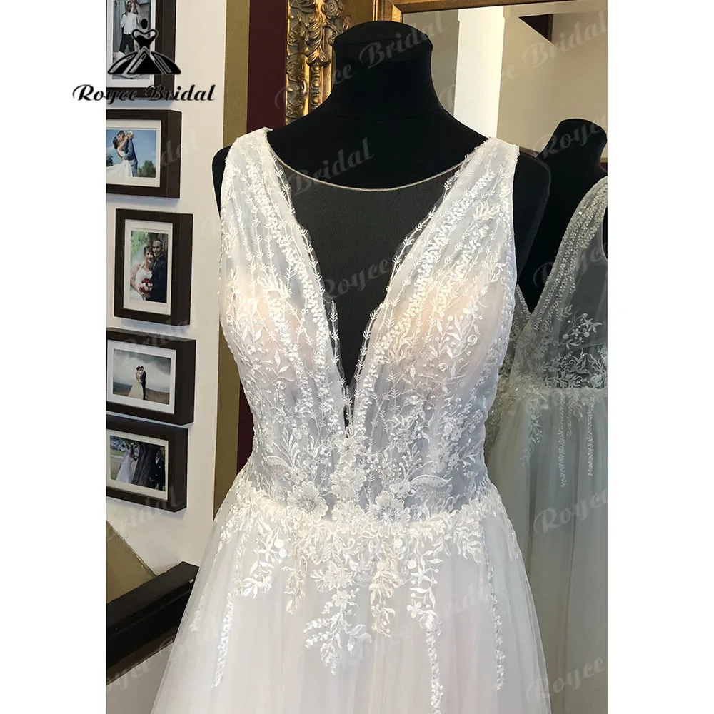 A Line Boho Lace Sleeveless Beach Wedding Gowns for Bride 2023 Robe Mariee Wedding Dress Women vestido de casamento Roycebridal