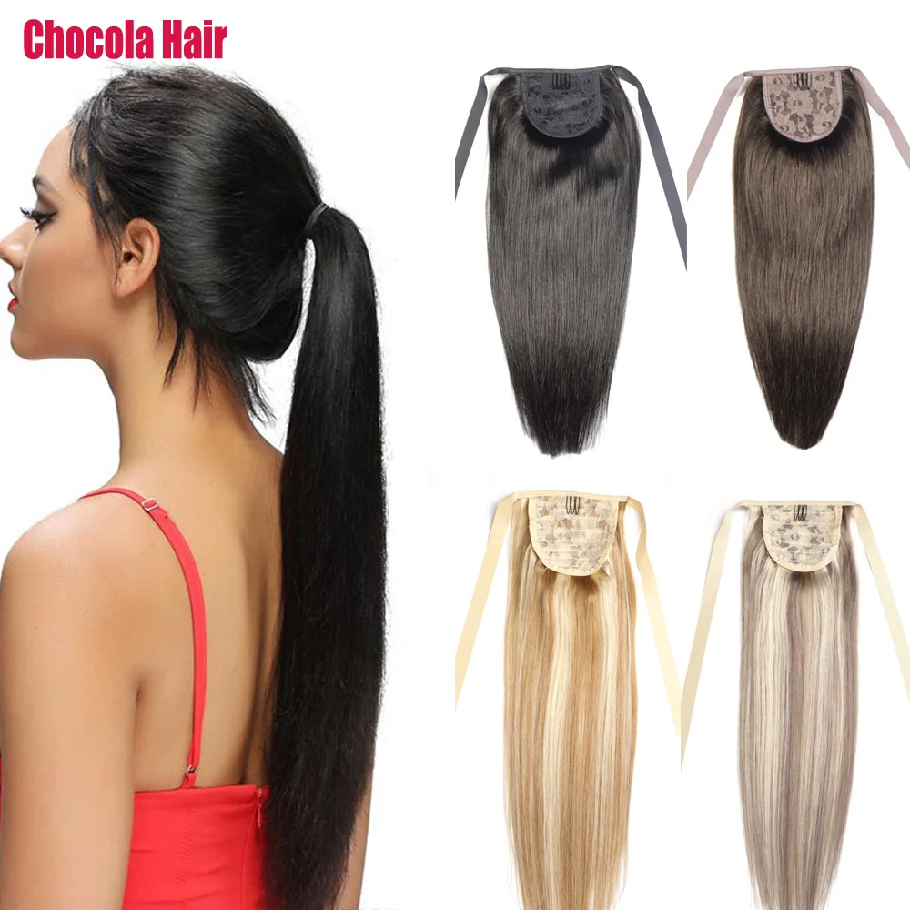 

Chocola 16"-20" 70g Brazilian Remy Hair Ribbon Ponytail Clip In 100% Human Hair Extensions Horsetail Stragiht