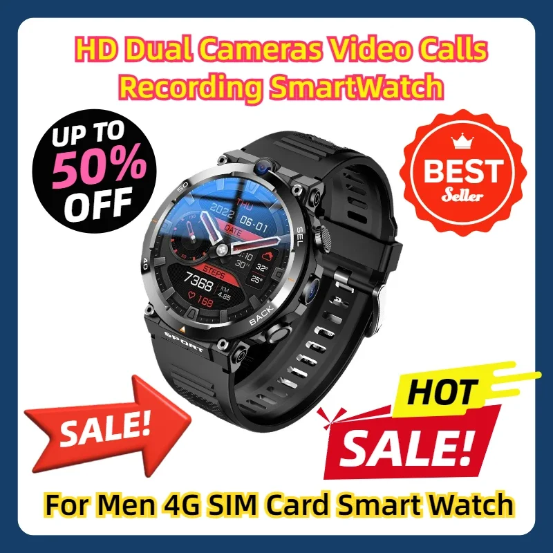 

HD Dual Cameras Video Calls Recording SmartWatch For Men 4G SIM Card Smart Watch Android OS ROM GPS Wifi