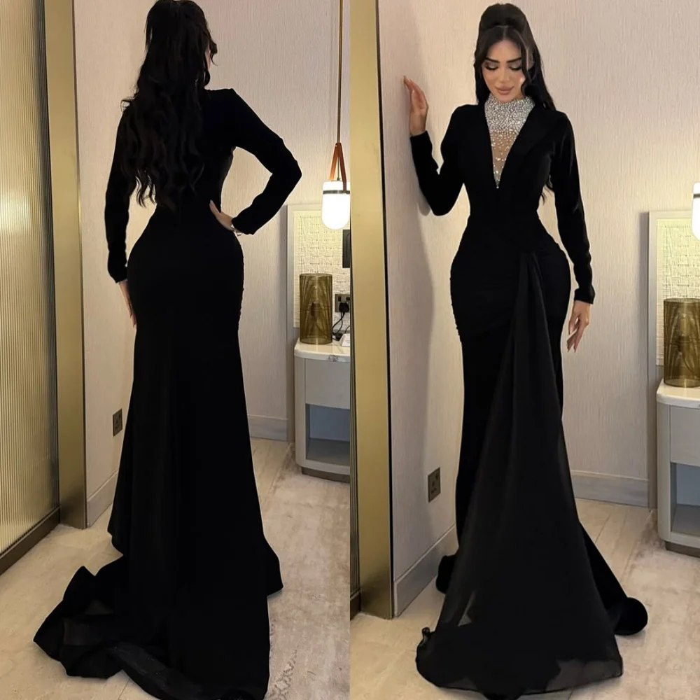 

Customized Temperament Black Chiffon Evening Dress Classic Long Sleeves Homecoming Dress High Quality Special Occasion Gowns