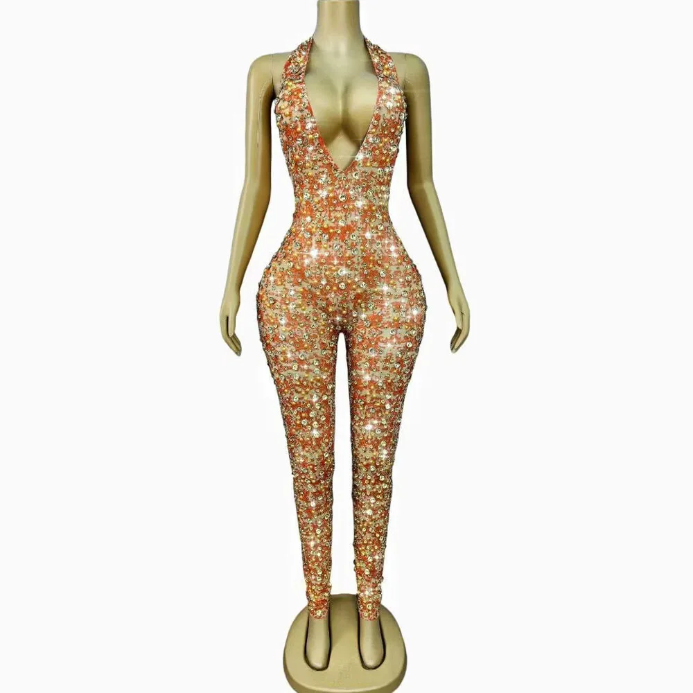 

Fashion Stage Outfit Shining Rhinestones Sexy Deep V-neck Jumpsuits Women Singer Dancer Performance Party Photoshoot Costume