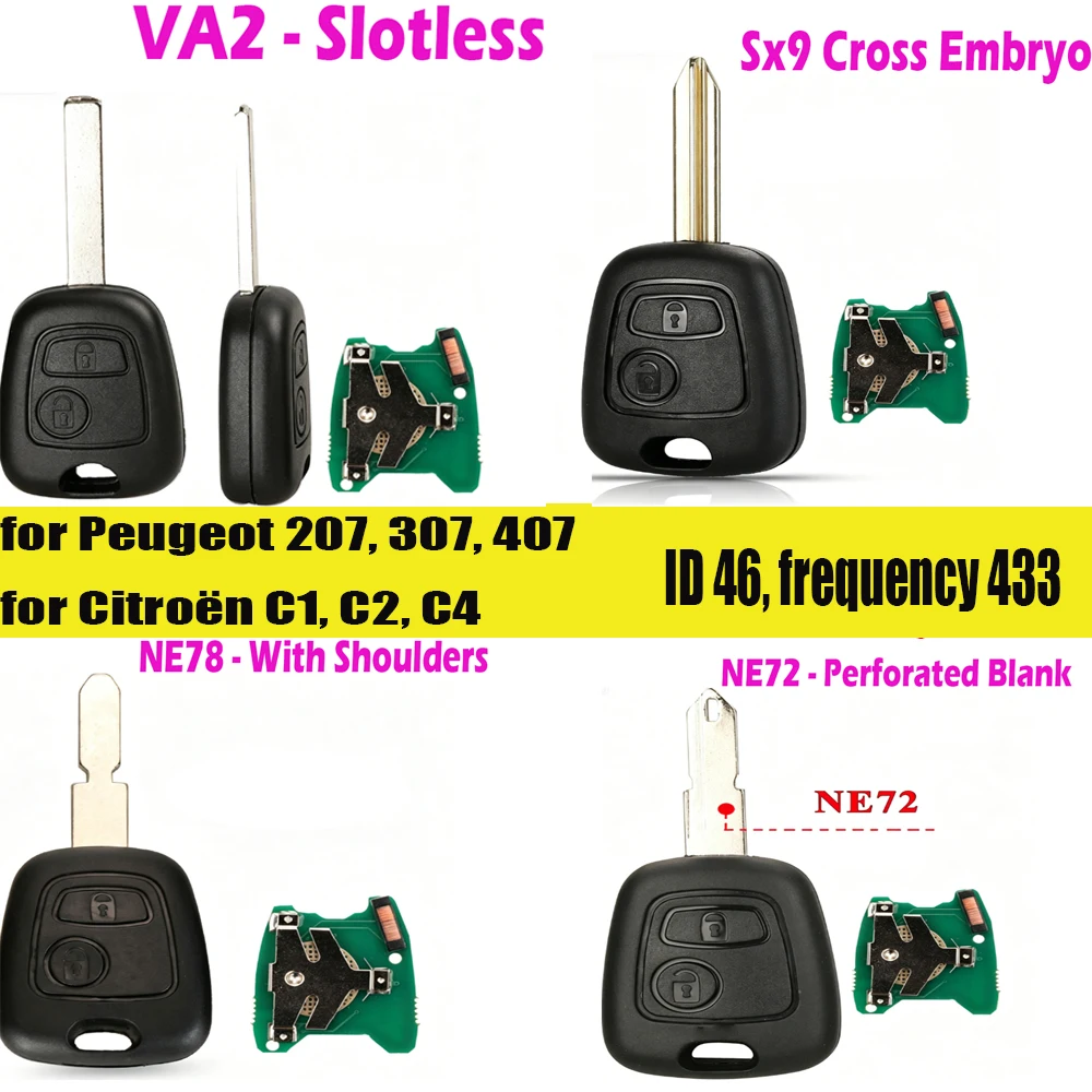 Car Remote Key Fob PCF7961 ID46 Chip for Peugeot for Citroen 2 Button  HU83 Blade 433MHz NE78 Shoulder Type Car Key