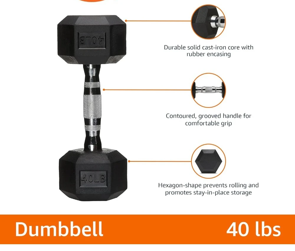 Rubber Encased Exercise & Fitness Hex Dumbbell, Single, Hand Weight For Strength Training