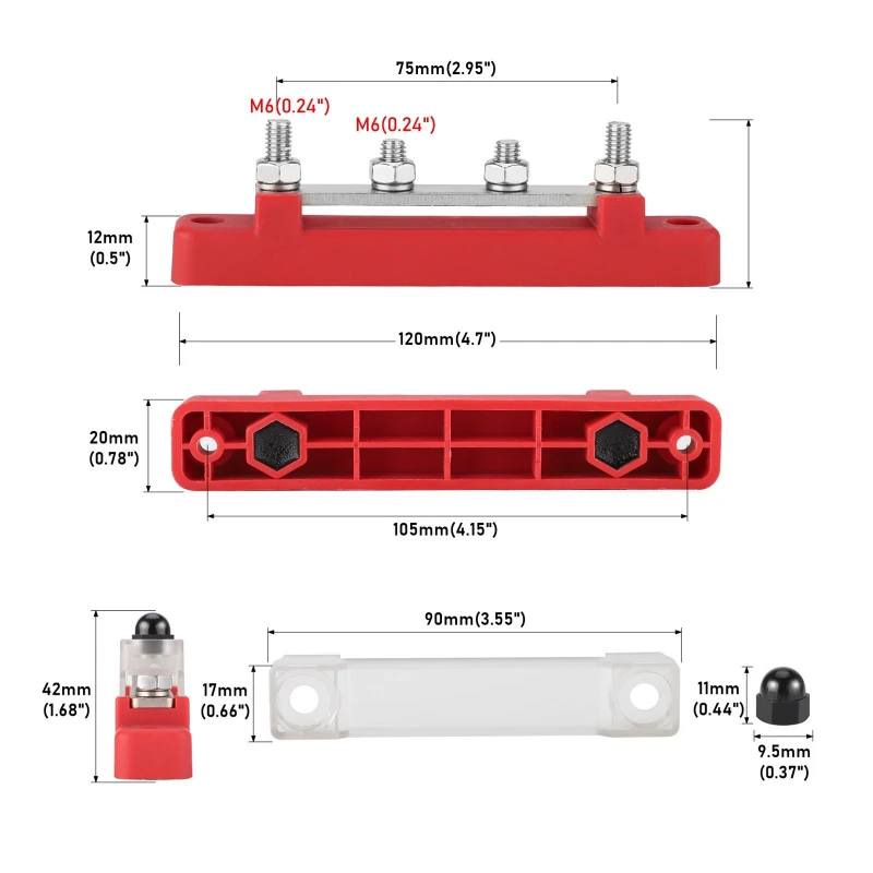 48V 150A Marine 8x1/4 M6 Power Distribution Block with Cover 12V-48V Busbar Terminal Block Battery Bus Bar Terminal Block