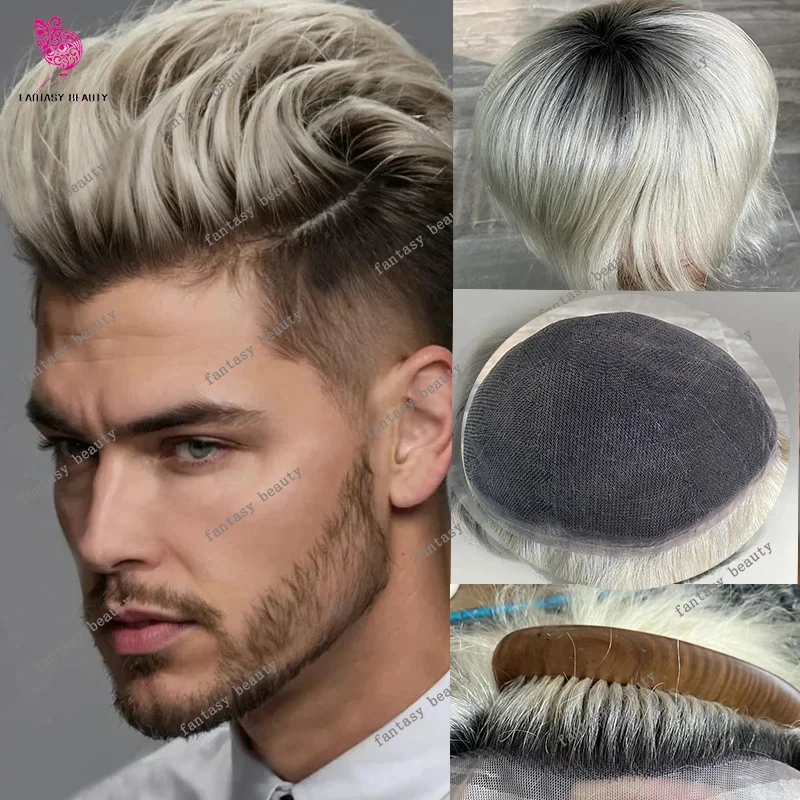 

Black Roots 1bt60 Blonde Brown Full Lace System 100% Human Hair Wig Bald Man Hairpiece Durable Breathable Men Toupee Bleach knot