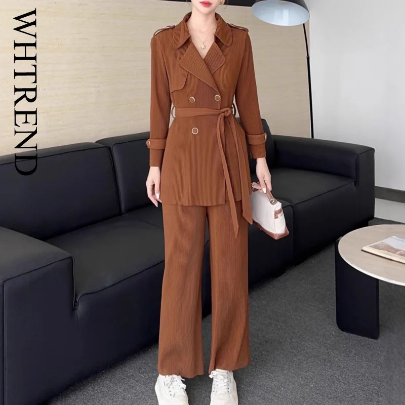 WHTREND Color sólido traje cuello manga larga corbata abrigo + Pantalones rectos de cintura alta conjunto de dos piezas otoño primavera nuevo