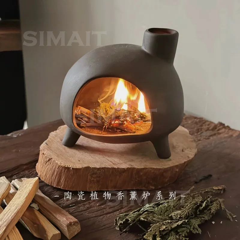 Handmade Ceramic Smudge Fireplace Incense Burner | Sage Holder with Tray for Aromatherapy