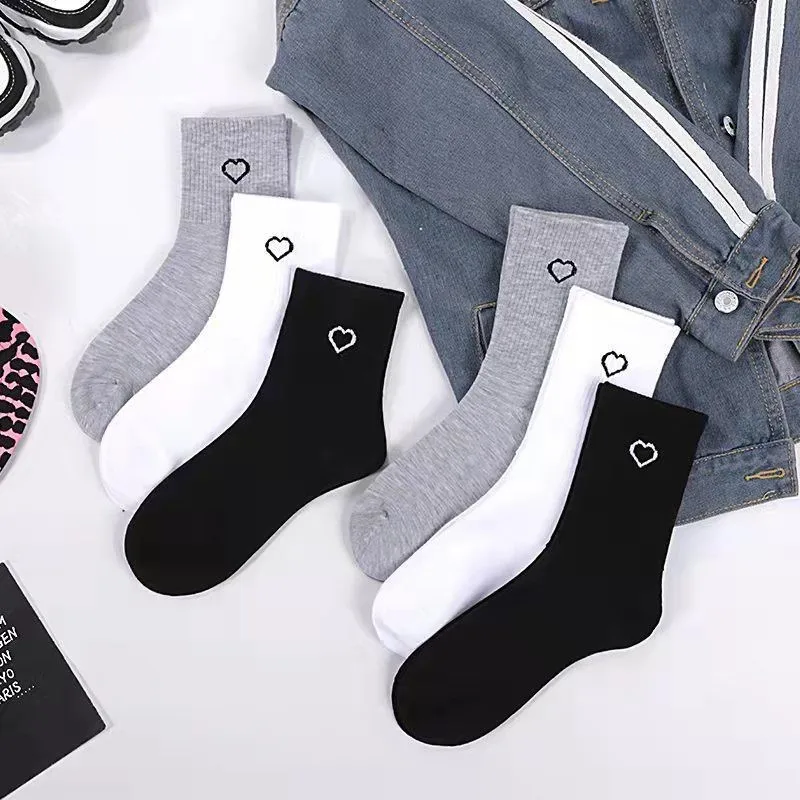 3 Pairs Women Men Socks White Black Cotton Love Print Long Socks For Girls Gift Sports Solid Color Short Crew Middle Tube Socks