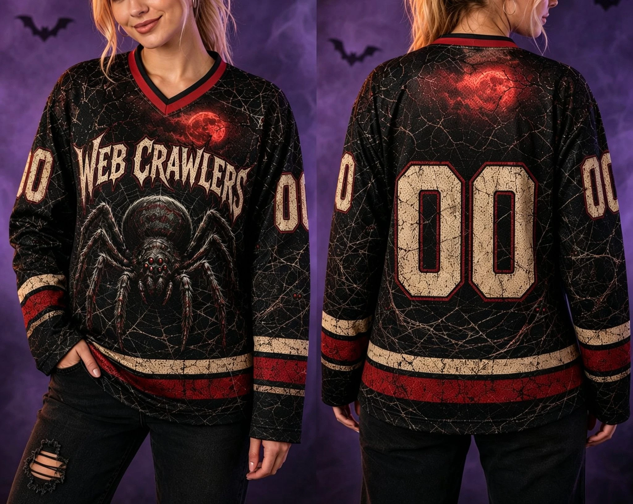 Halloween Horror Spider Web Graphic Hockey Jersey 3d Print V Neck Oversized Long Sleeve Streetwear Party Tops Family Matching