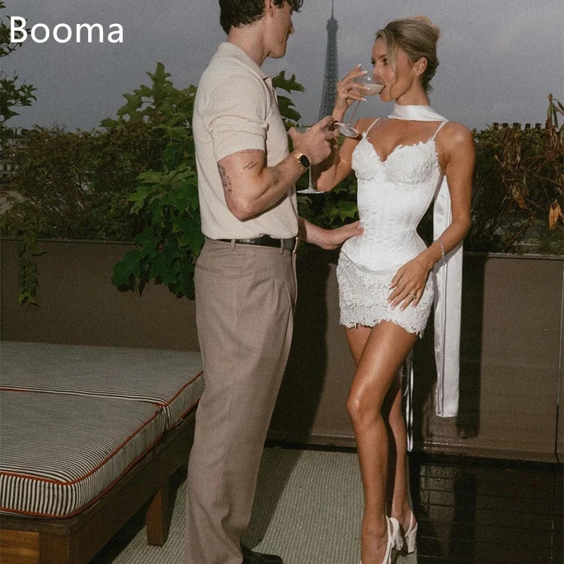 

Booma Mermaid Lace Wedding Dresses Mini Sleeveless Spaghetti Strap Satin Simple Elegant Brides Gown Custom Made 2025