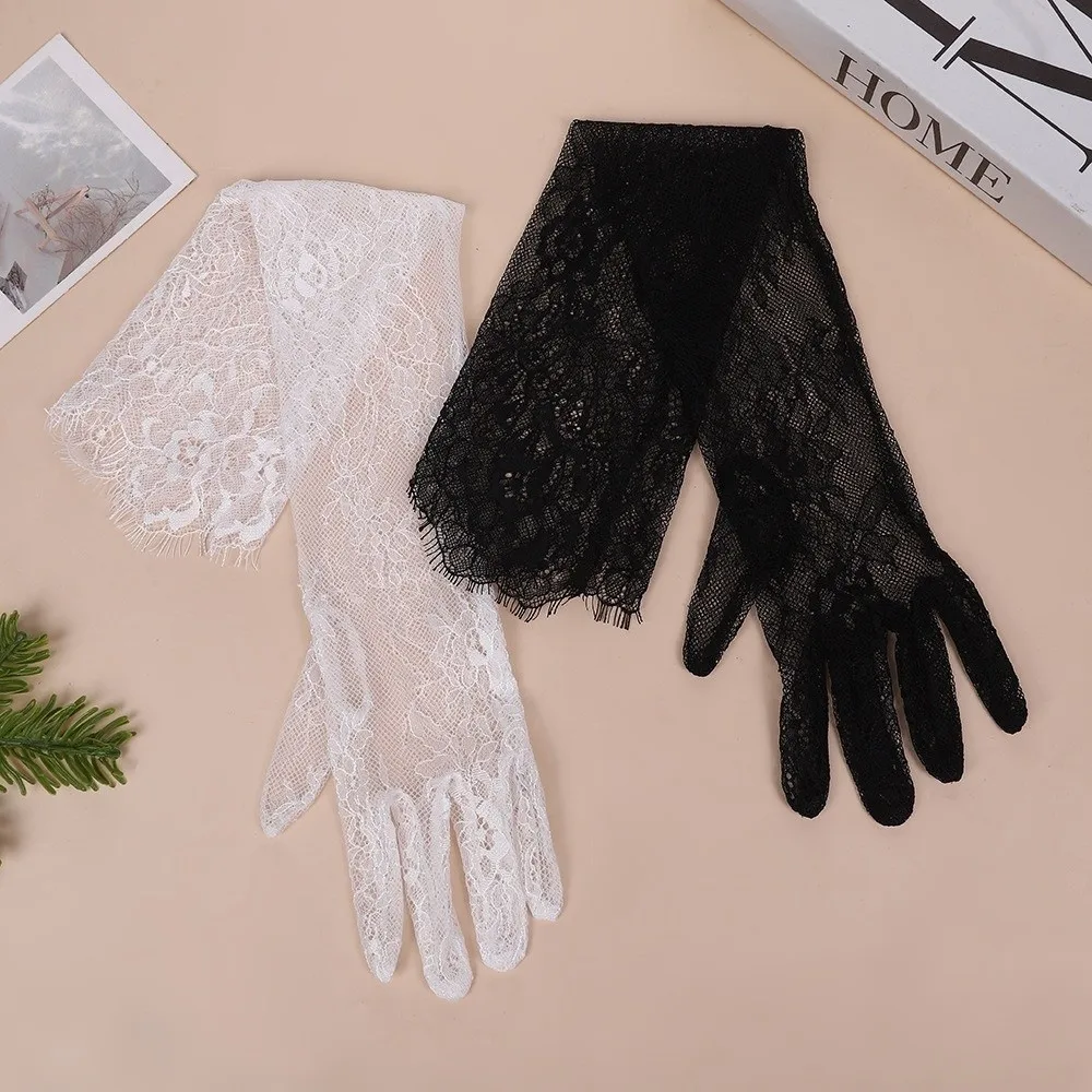 

1 Pair Long Length Lace Gloves Transparent Hollow Out Bridal Gloves Floral Pattern Sheer Fabric Wedding Gloves Evening Party