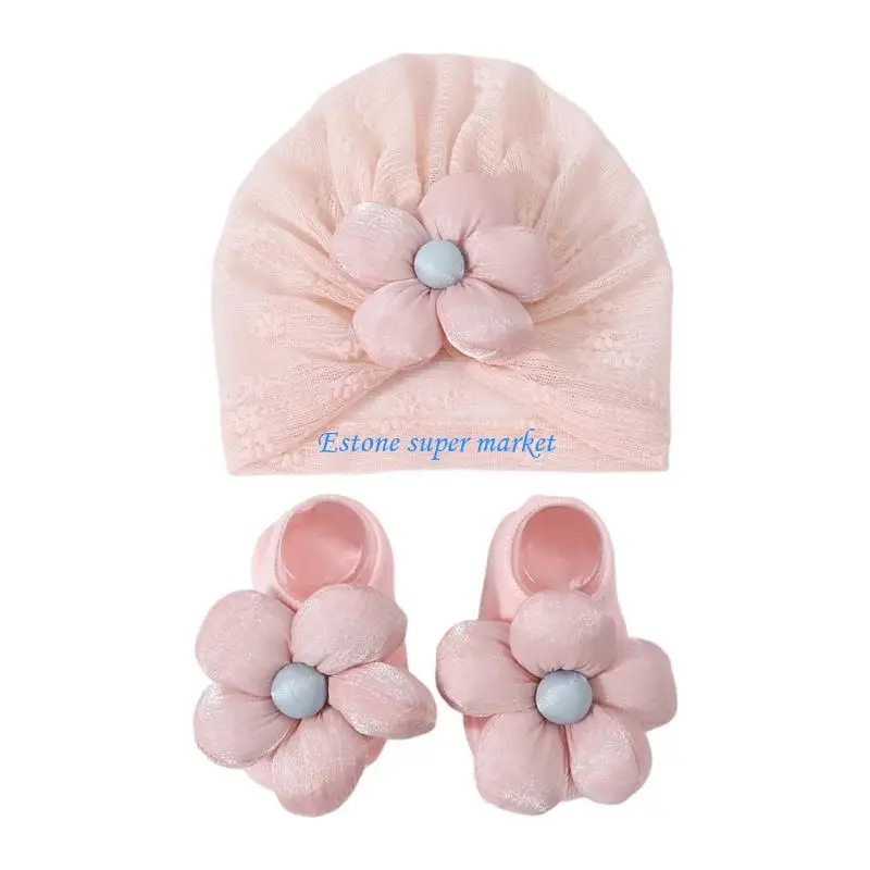090B Baby Headscarf Caps Stylish Girls Bonnet Hat Fashion Headwear with Socks Set