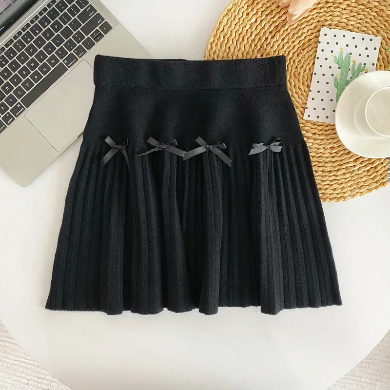 Matakawa Knitted Mini Skirts Solid A-line Bows Sweet Autumn Winter Faldas Mujer Korean Fashion Pleated High Waist Women Skirt