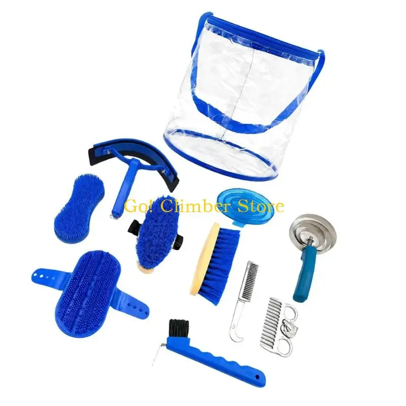 Q84C Horse Care Grooming Set with Metal Shedding Tool, Hair Comb, Body Brushes, Foot Pick, and Zippered Carry Bag for Routine