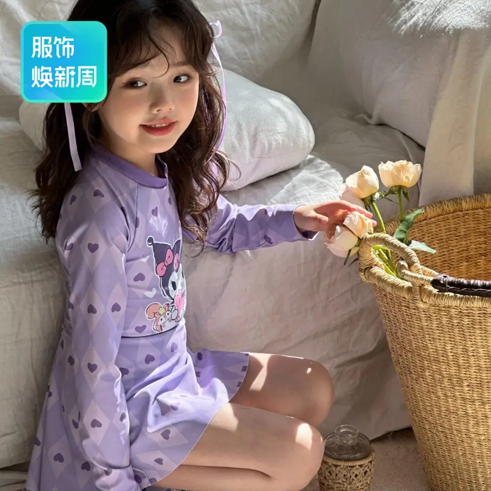 

Детский купальник аниме Sanrios Kuromi для девочек, защита от солнца, быстросохнущее бикини с героями мультфильмов, милый модный пляжный костюм для отдыха