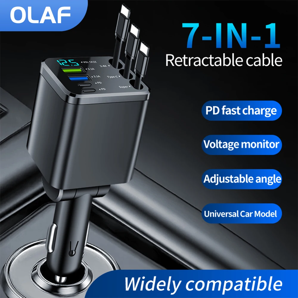 7 in 1 Car Charger WIth Retractable 3 Type C Cable USB C Car Phone Charger Type C Adapter in Car For Iphone 15 16 Samsung Xiaomi
