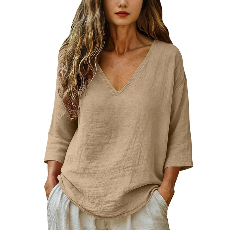 Women V Neck Seven Quarter Sleeve T Shirts Casual Loose Fit Slimming Tops Daily Wear Versatile Comfortable Blouses For Spring Su view 4