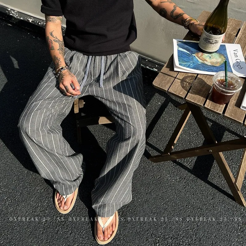 

Men Pants Striped Elastic Waist With Loose Straight Legs, Retro High Waist Wide Leg Pants For Man, Women's Casual Joggers