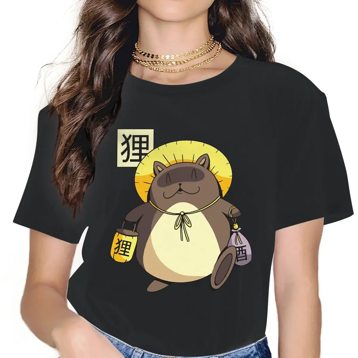 Creative Yokai Classic T-Shirt for Women Crew Neck Pure Cotton T Shirts Tanuki Cute Animal Funny Short Sleeve Tee Shirt Graphic