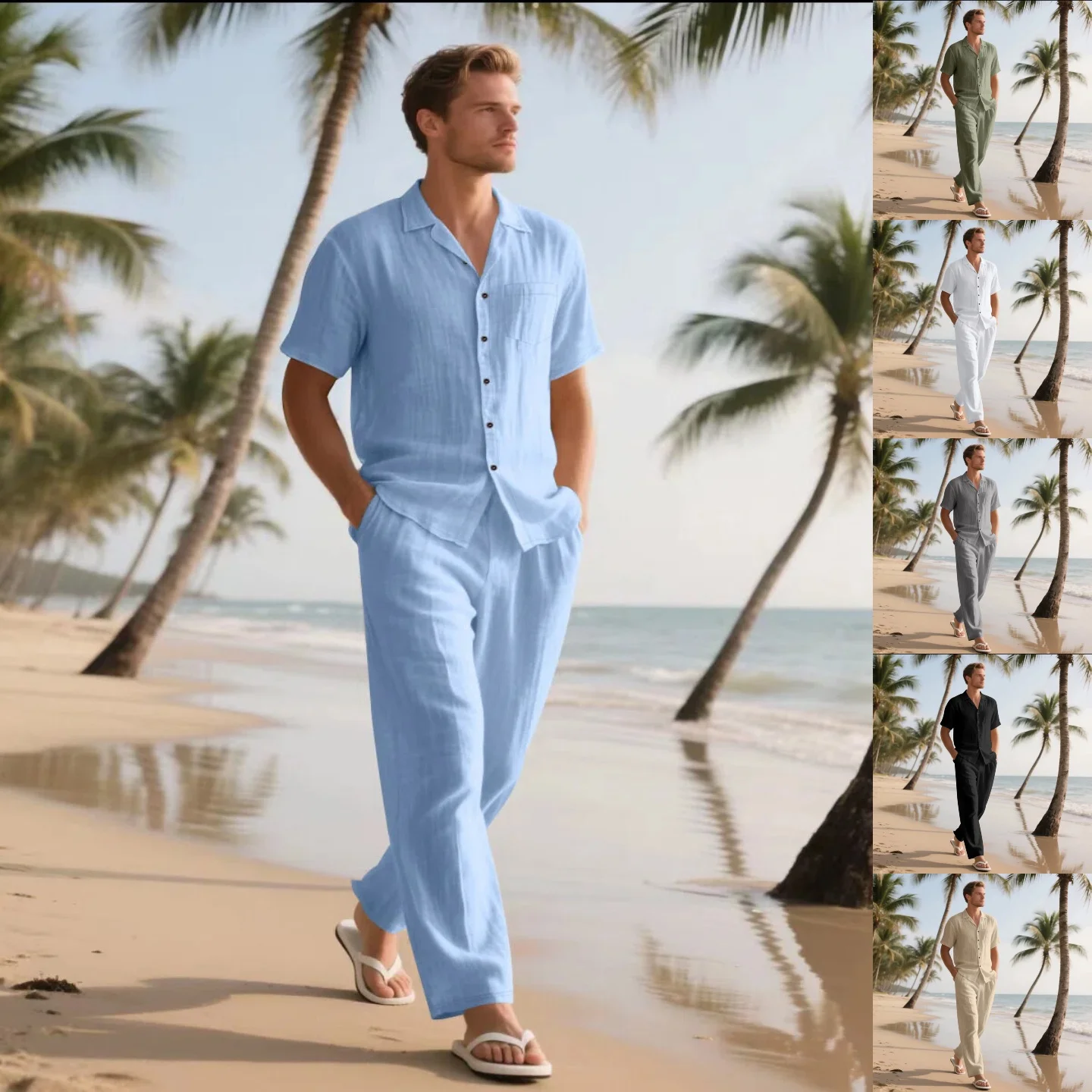 Conjunto de Pantalones Largos y Camisa de Manga Corta para Hombre, Verano, Lino, Casual, Cómodo, Holgado, Transpirable, Lujoso, Minimalista, Playa