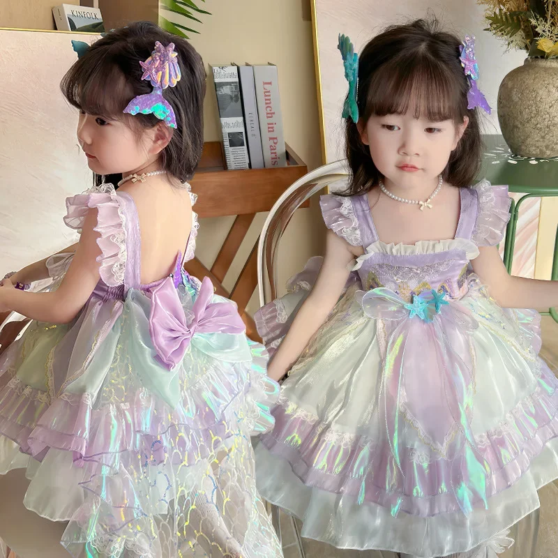 

2025 Summer new fashion little girl mermaid Lolita Princess baby bow suspender dress