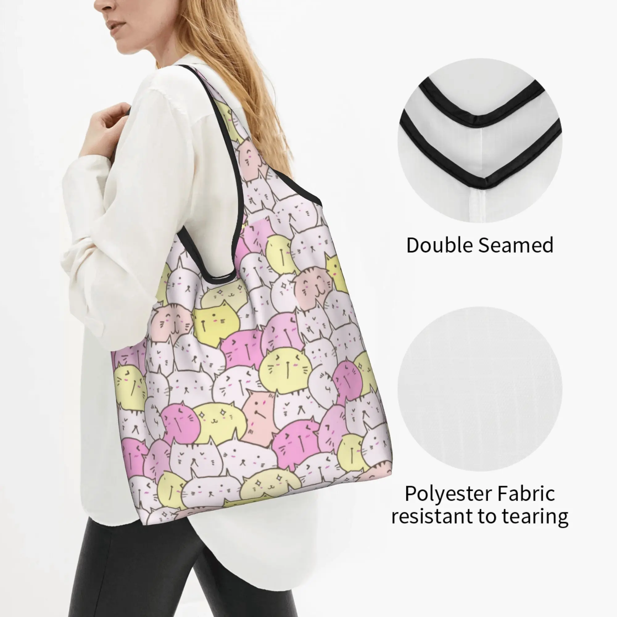 Cute Funny Colourful Creative Cat Printed  Shopping Tote Bags Portable  Grocery Shopper Shoulder Bag