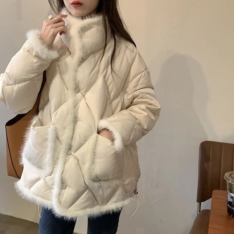 

2023 Women Winter New Stitching Mink Wool Cotton Down Coat Korean Version Loose and Thin Stand-up Collar Warm Jacket Feamle