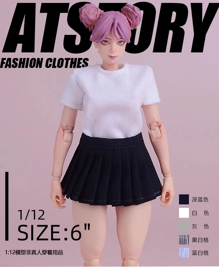 ATSTORY 1/12 Female Solider Fashion Clothes T-shirt Pleated JK Skirt Pants Model Toy fit 6