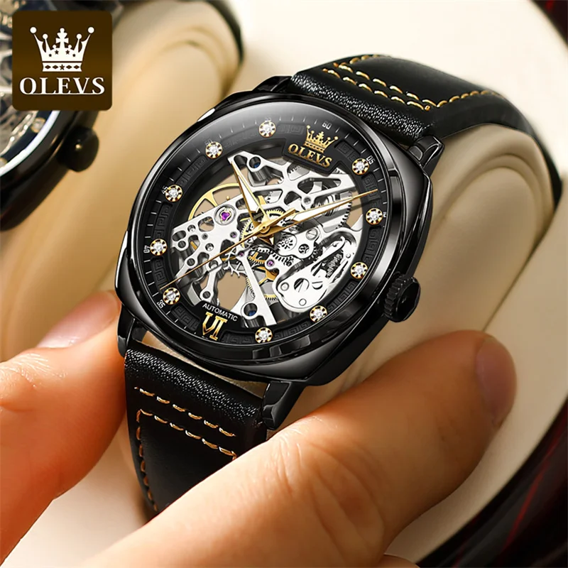 OLEVS Luxury Men Watches Automatic Mechanical Wristwatch Skeleton Design Waterproof Leather Strap Male Watch Reloj Hombre