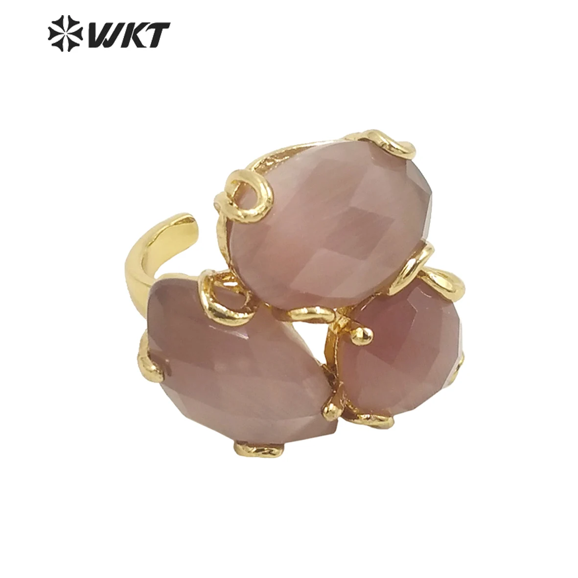 WT-R420 Europe Court Style Colorful Cat Eye Stone Ring 18k Real Gold Plated Triple Gemstone Flower ACC With Prong Setting