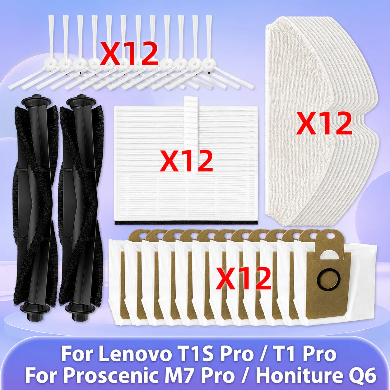 Passend für Lenovo T1S Pro / T1 Pro / Proscenic M7 Pro / Honiture Q6Ersatzteile Zubehör Seitenbürstenabdeckung Roller Hepa-Filter Wischtuch Staubbeutel