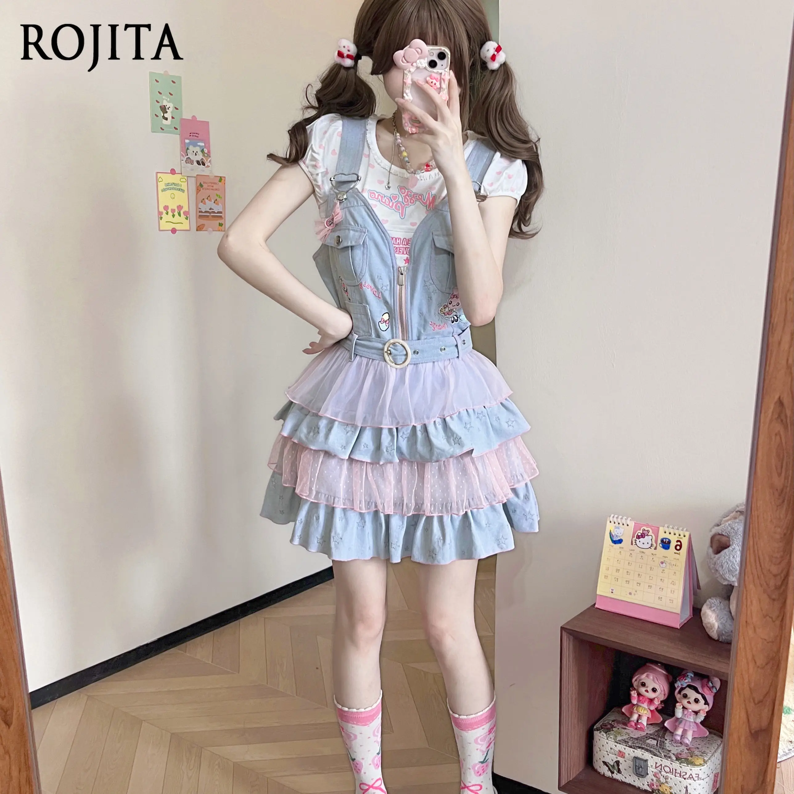 

Denim Dresses Embroidered Zipper Vest Dress Belt Dress Cute Lotus Leaf Edge Lolita Pink Yarn Splicing Daughter Dress