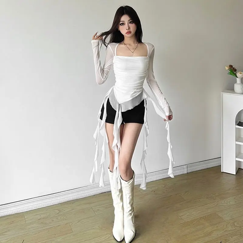 Trend Sexy Ruffles Square Collar Long Sleeve T-Shirts Female Fashionable Net Yarn Irregular Top Tee Women Clothes Solid Color