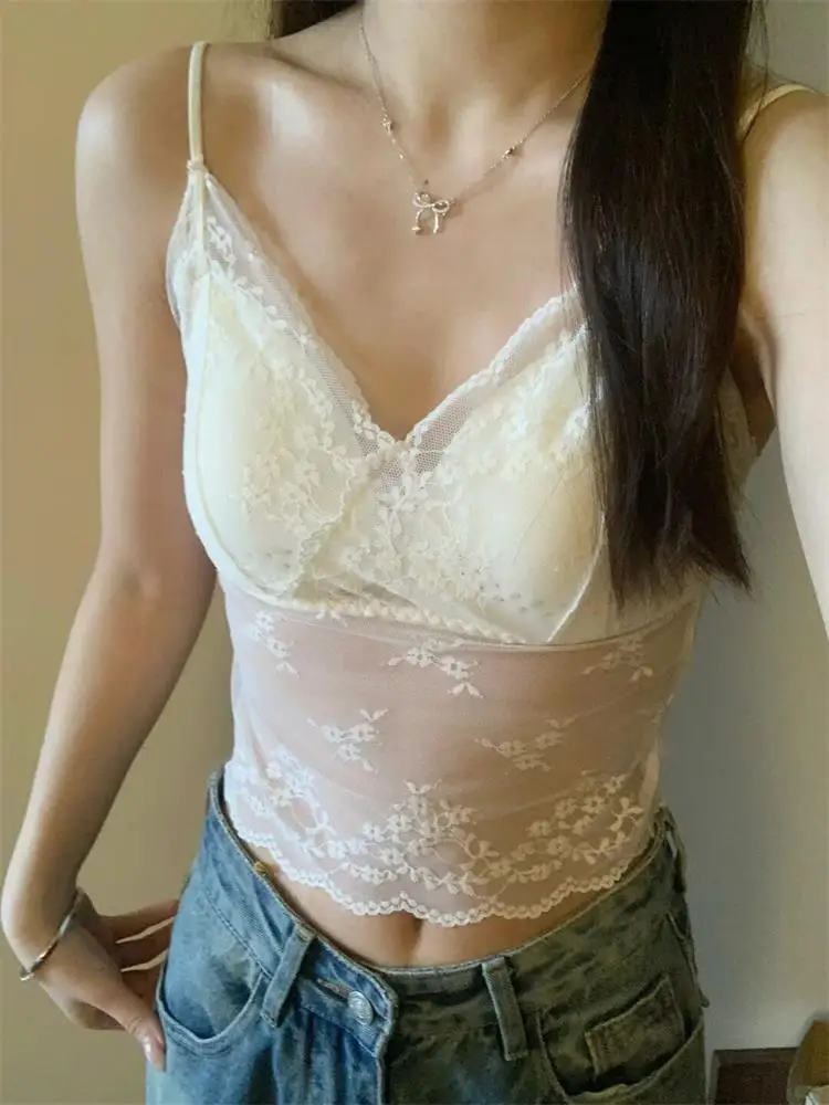 Lace V-Neck Short Crop Top Women's Summer Slim Fit Mesh Vest Underwear INS Atmosphere Sense Inner Wear Casual Hollow out