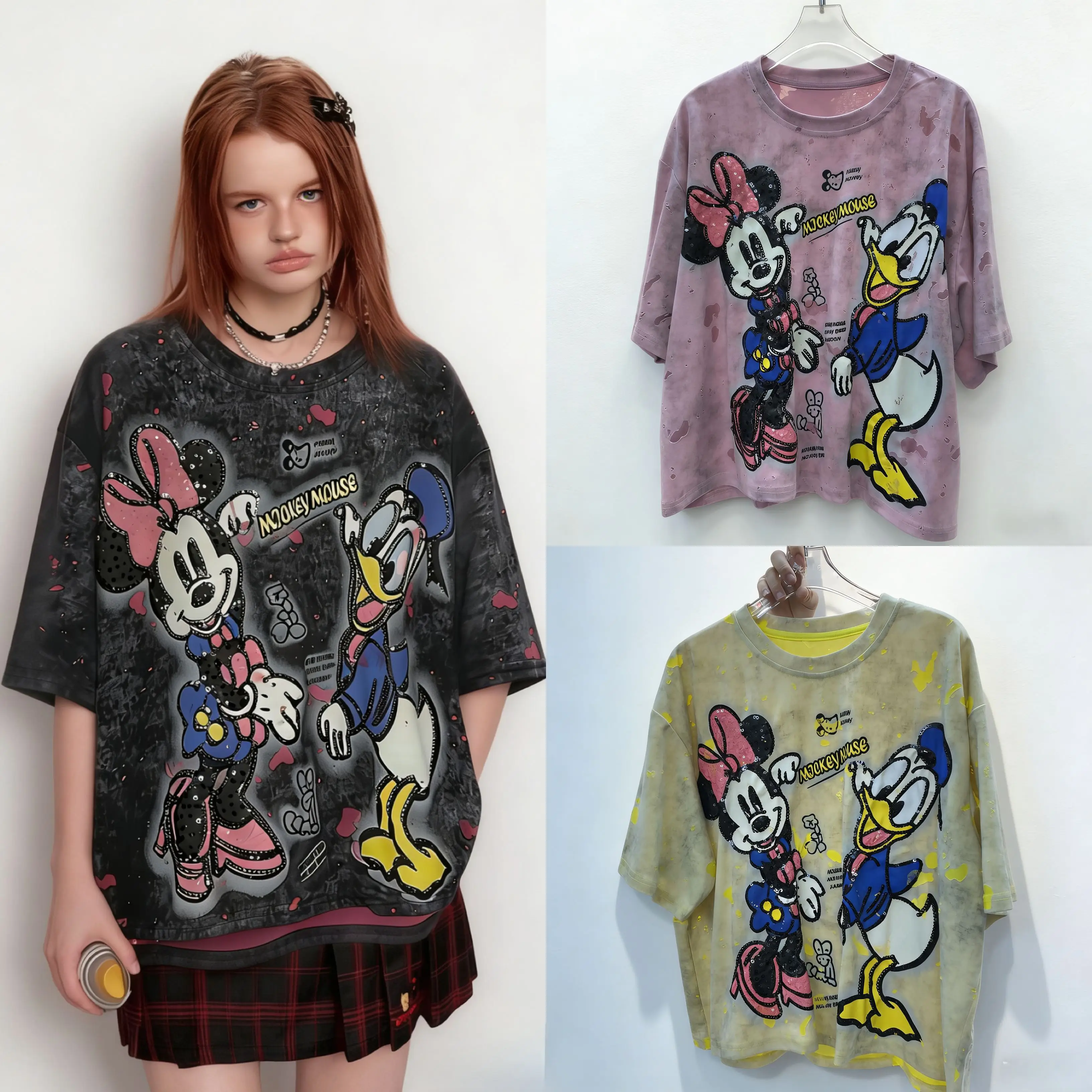 

European and American fashion brand loose heavy embroidery cartoon printed top short sleeved T-shirt round neck 2026