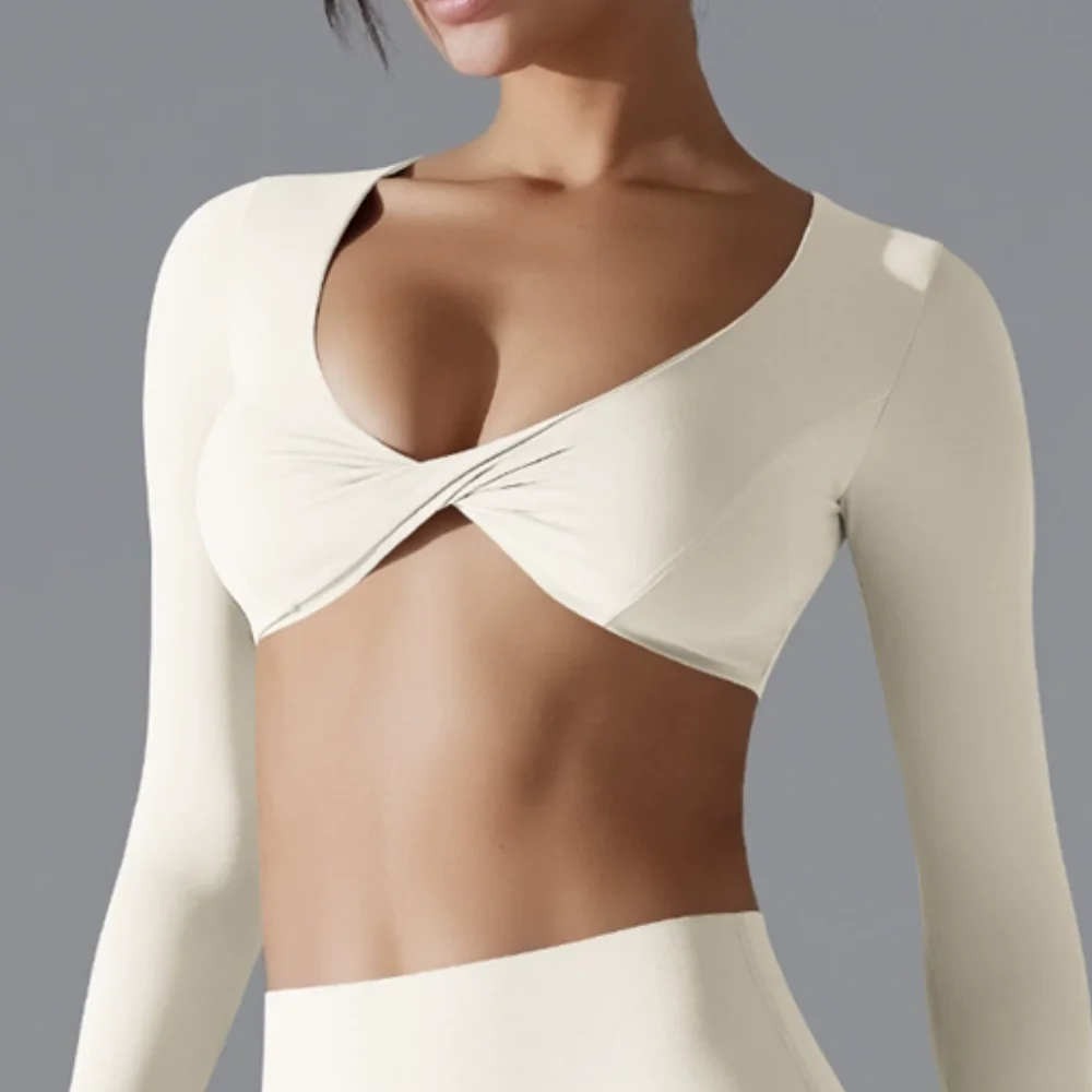Long Sleeve Deep V Neck Breathable Slim Fit Crop Tops For Women Ins Style Yoga Sports Fitness Outdoor Shirts