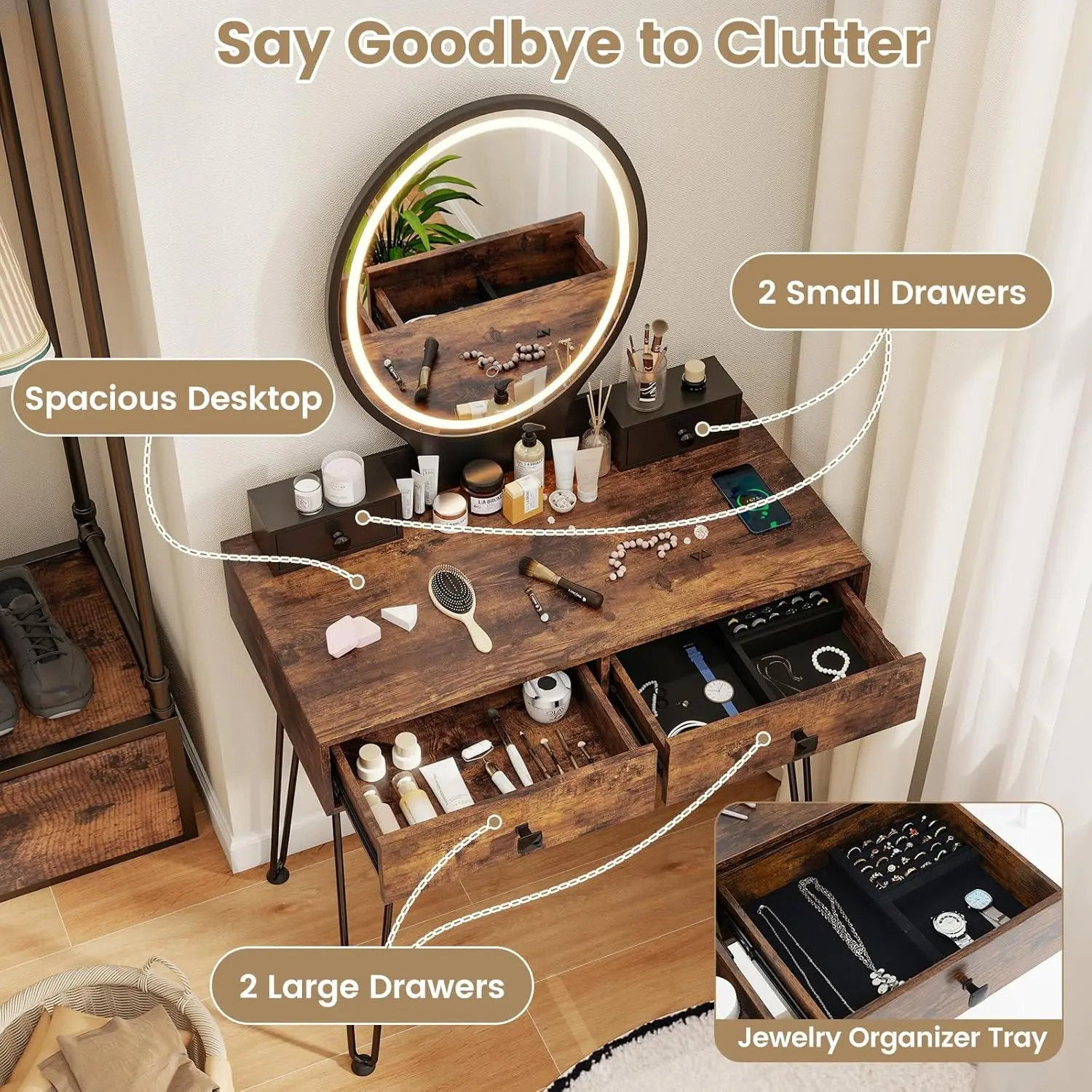 Vanity Desk with Mirror & Lights, 4-Drawer Makeup Table with Charging Station, 3-Color LED Mirror, Retro Dressing Table for Smal