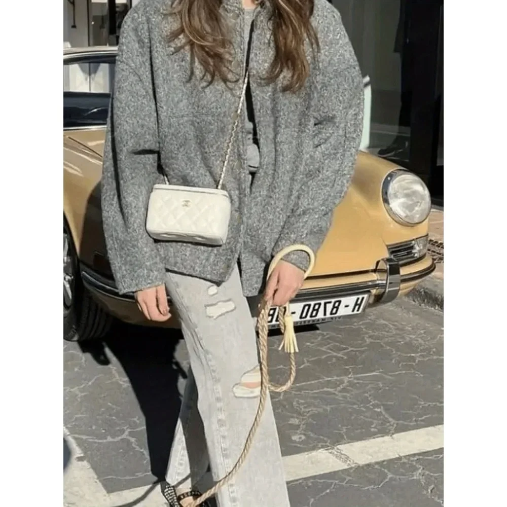 

Women's Stand Collar Wool Blend Jacket: Short Cropped Blazer with Dual Pockets & Autumn Winter Office Commute & Casual Outwear