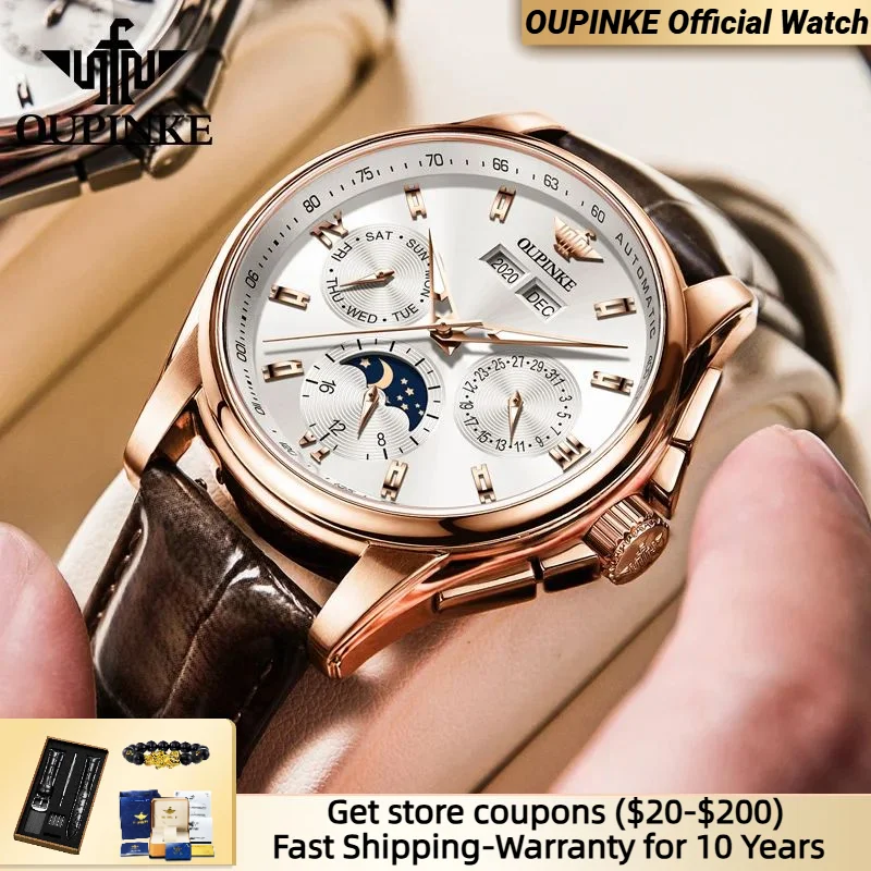 OUPINKE Luxury Watch For Man Top Brand Mechanical Wrist Watches Sapphire Glass Waterproof Leather Strap Automatic Watch Men 3189